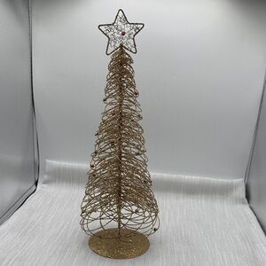 Christmas Tree Gold glittering Wire, Star Topper and green red and silver balls